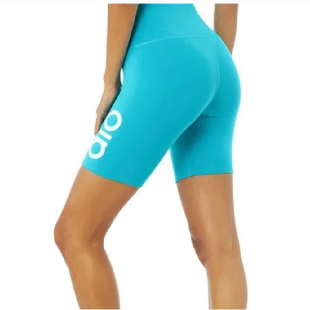 Alo Yoga Yogi Lace-Up Biker Shorts Tied & True Women’s Small Bright Aqua/White - Picture 2 of 7